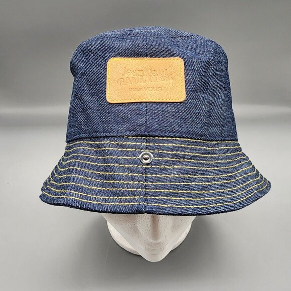 Jean Paul Gaultier Par Vous Blue Denim Bucket Hat Leather Embossed Logo Patch - Picture 1 of 7
